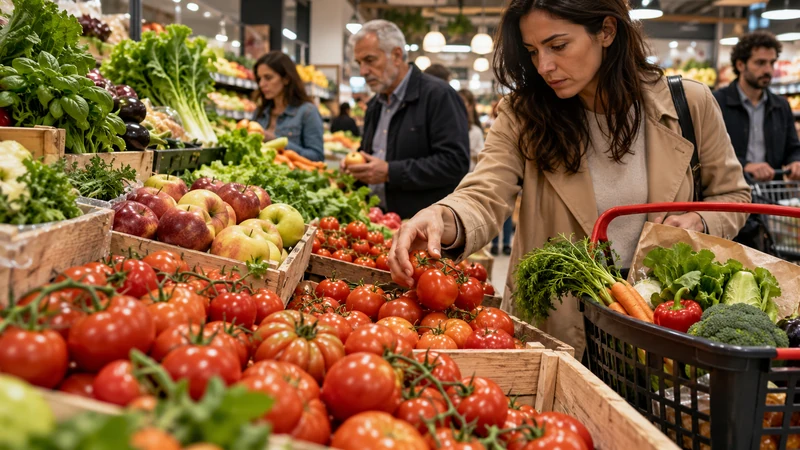 Immagine editoriale IA di consumatori in un mercato alimentare italiano, simbolo dell’andamento dei prezzi.