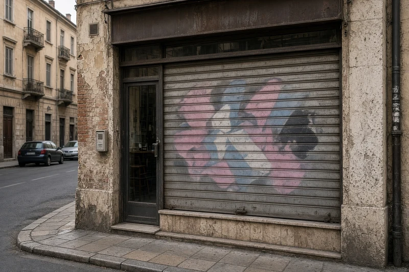 Serranda di un bar chiuso in centro città; illustrazione editoriale IA non documentaria.