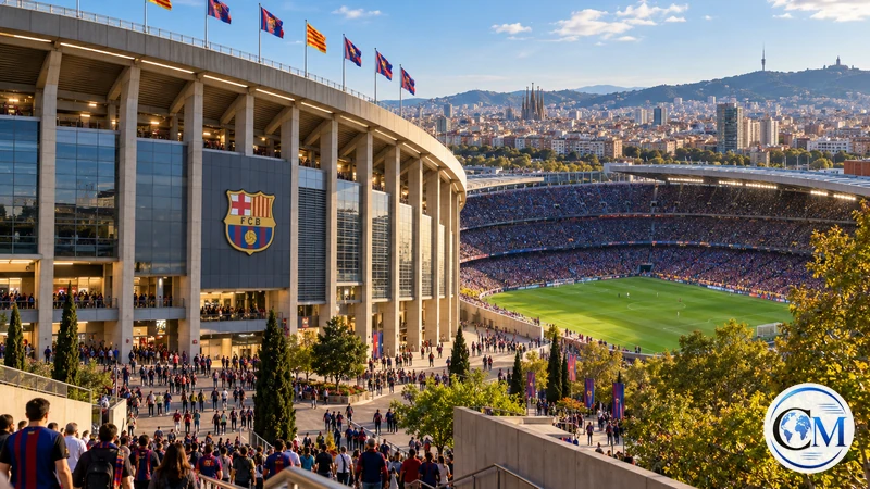 Illustrazione editoriale IA di uno stadio nella città di Barcellona; architettura evocativa, non fotografia dell'impianto o della partita.