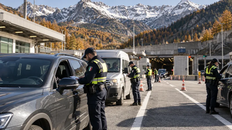 Illustrazione IA di controlli stradali al valico del Frejus; non documenta le verifiche reali.