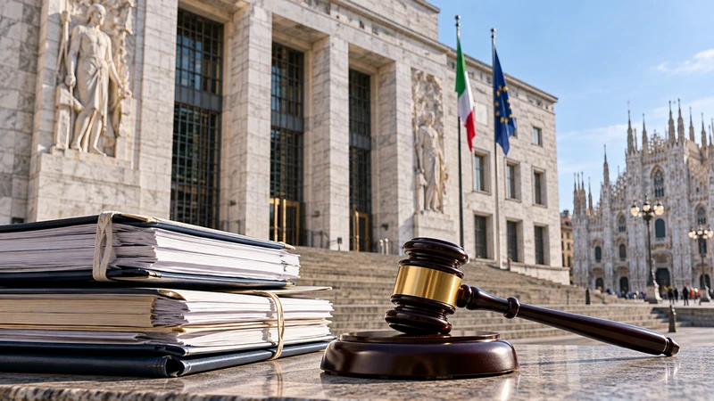 Illustrazione editoriale non documentaria di un tribunale italiano e fascicoli processuali; non raffigura le persone coinvolte.