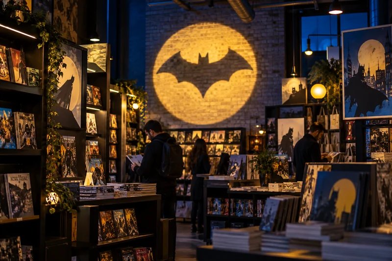 Scena editoriale contestuale generata con IA: fumetteria con simbolo luminoso a forma di pipistrello per il Batman Day; non è una fotografia documentaria.