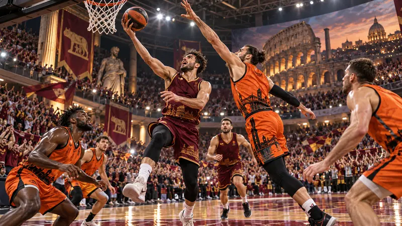 La Reyer Venezia completa una rimonta su un parquet romano, illustrazione editoriale IA non documentaria.