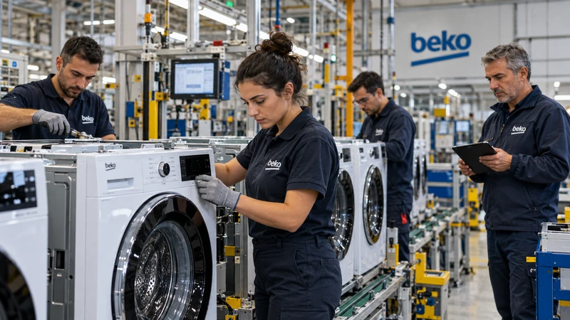 Illustrazione editoriale IA di tecnici e operai in una linea produttiva Beko di elettrodomestici; scena non documentaria.