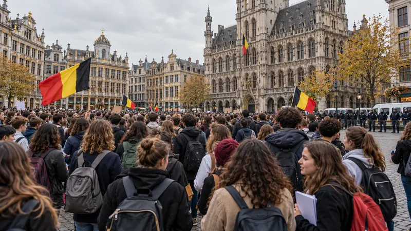 Scena editoriale IA di studenti con zaini e quaderni riuniti pacificamente in una piazza di Bruxelles.