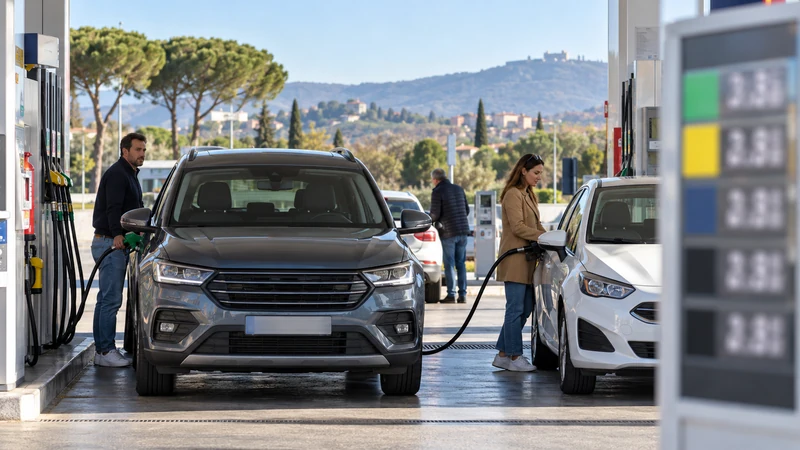 Automobilisti a una stazione di servizio italiana con prezzi sfocati; illustrazione editoriale IA, non documentaria.
