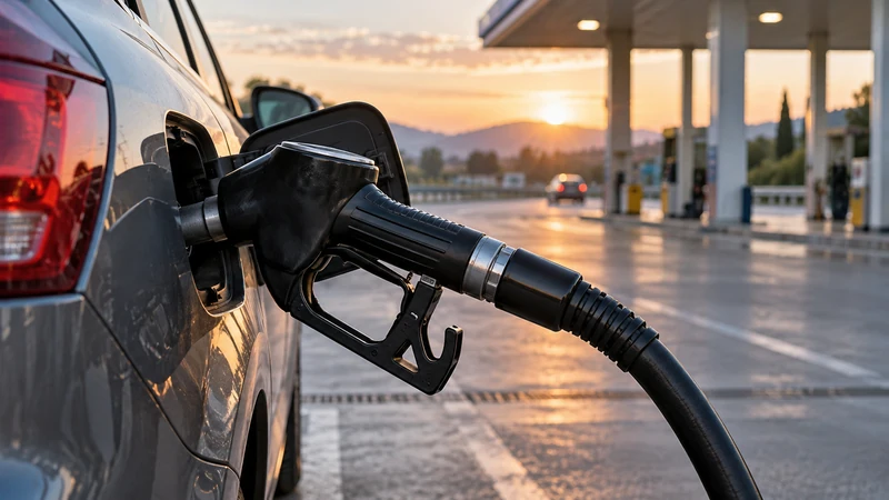 Stazione di servizio autostradale italiana con pompa diesel e prezzi sfocati, illustrazione editoriale generata con IA