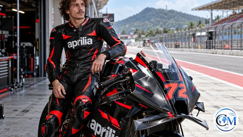 Illustrazione IA di Marco Bezzecchi con la moto Aprilia numero 72 nell'ambientazione del circuito di Mandalika; non è una fotografia della gara.