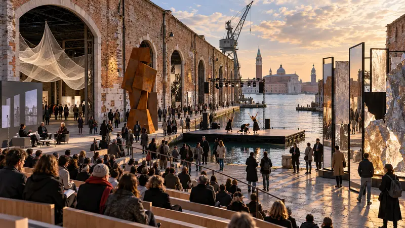 Visitatori e performer negli spazi dell’Arsenale di Venezia, illustrazione editoriale IA non documentaria.