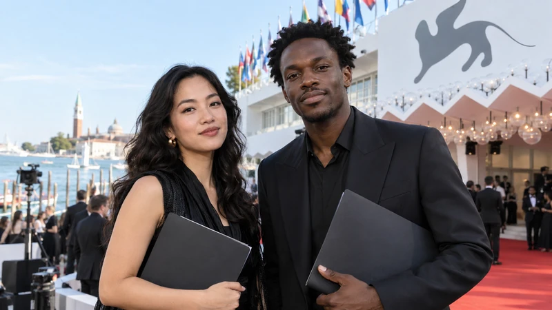Illustrazione editoriale IA con Polen Ly e Vincho Nchogu sul Lido di Venezia durante un evento cinematografico; somiglianze sintetiche non documentarie.