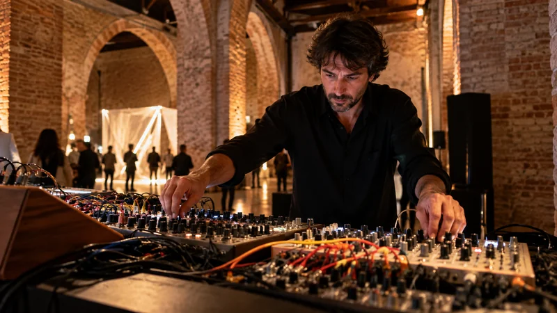 Illustrazione editoriale IA di una performance di musica elettronica con mixer e sintetizzatori in una sala storica veneziana; scena non documentaria e senza persone identificabili.