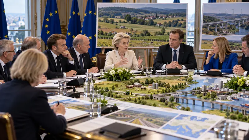 Illustrazione editoriale IA di un incontro istituzionale con bandiere europee; composizione neutra, non documentaria.