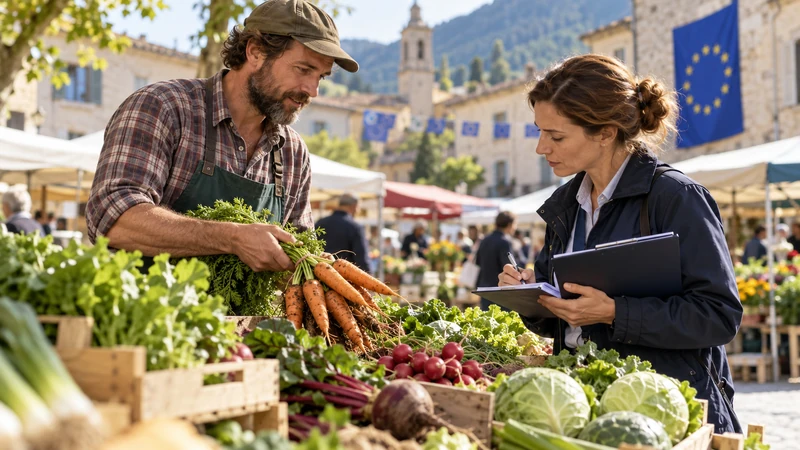 Illustrazione editoriale IA di un piccolo produttore biologico durante un controllo in un mercato europeo; scena non documentaria.
