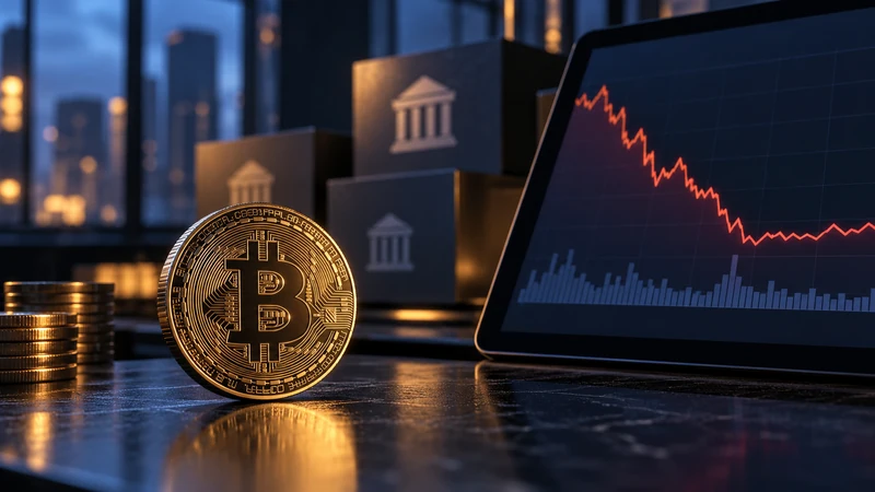Token Bitcoin su scrivania finanziaria con grafico astratto e blocchi istituzionali, illustrazione editoriale generata con IA