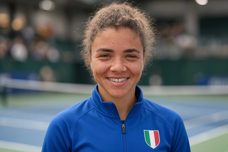 Jasmine Paolini in maglia azzurra, illustrazione editoriale IA.