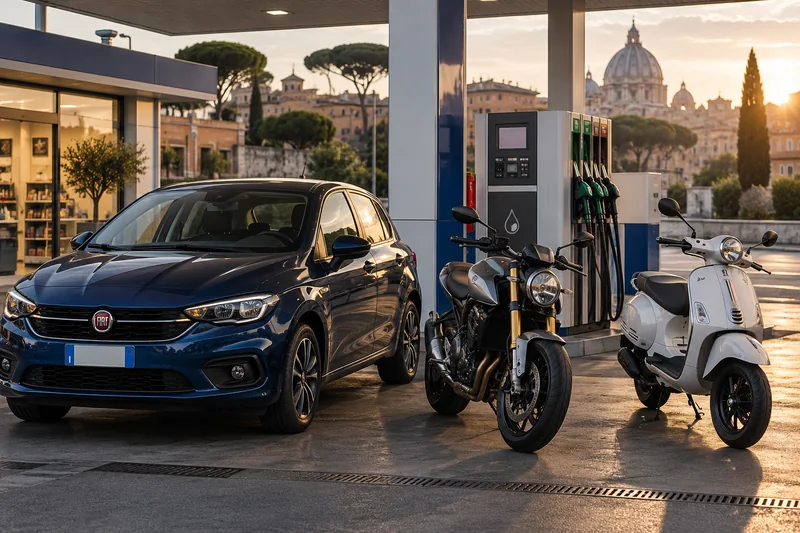 Scena editoriale contestuale con auto compatta, motocicletta e ciclomotore presso un distributore italiano, non fotografia del Consiglio dei ministri.