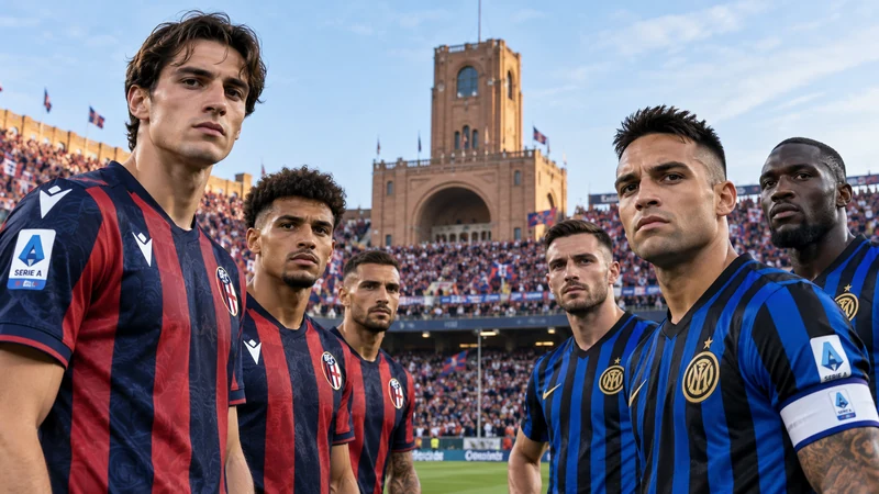 Illustrazione editoriale IA di giocatori con divise del Bologna e dell’Inter davanti al Dall’Ara.