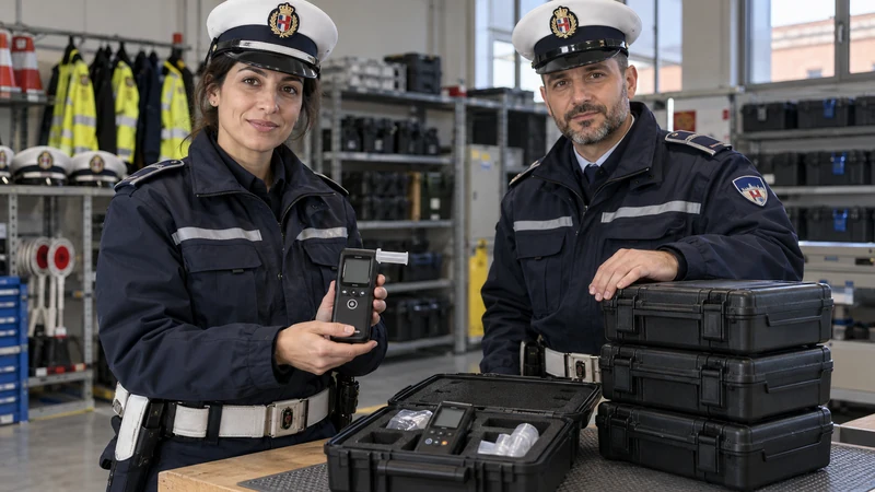Illustrazione editoriale IA di agenti e dotazioni per i controlli stradali a Bologna; nessun controllo reale è raffigurato.