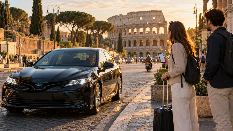 Illustrazione editoriale IA di un’auto per mobilità su richiesta in arrivo a Roma, senza loghi commerciali.
