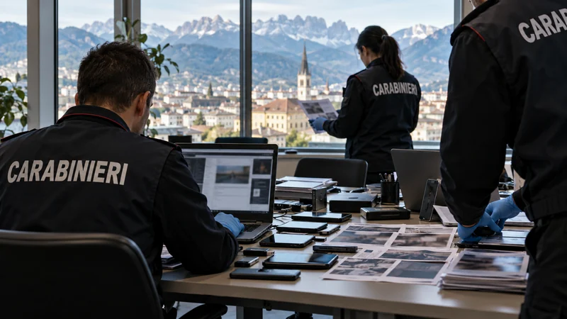 Illustrazione IA di investigatori che esaminano dispositivi elettronici in un ufficio con Bolzano sullo sfondo; non documenta l'operazione reale.