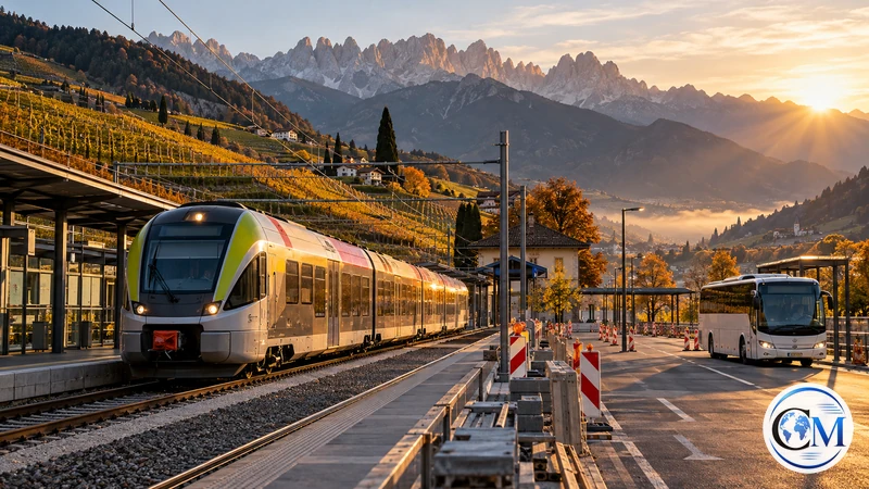 Illustrazione editoriale IA ultrarealistica di treno e bus in una stazione altoatesina; non è una fotografia dei lavori.