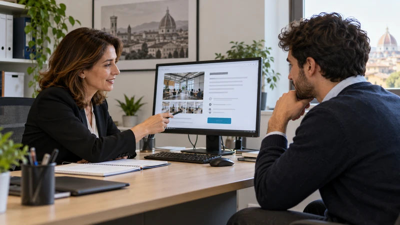 Immagine editoriale IA di un colloquio di lavoro in un ufficio italiano con una posizione mostrata al computer.