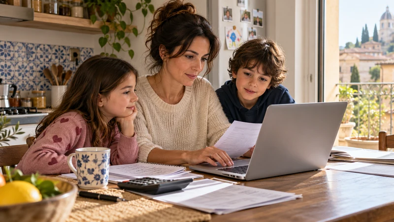 Immagine editoriale IA di una madre con due figli mentre consulta una pratica online da casa.