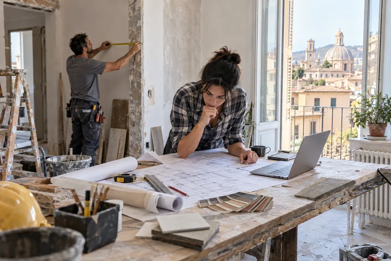 Scena editoriale contestuale generata con IA: professionisti valutano progetti in un appartamento italiano in ristrutturazione; non è una fotografia documentaria.