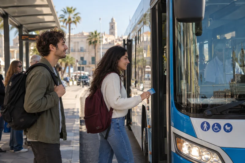 Scena editoriale contestuale generata con IA: studenti pendolari salgono su un autobus urbano in Puglia; non è una fotografia documentaria.