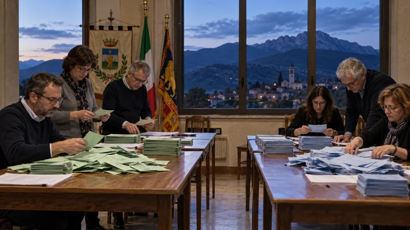Illustrazione editoriale IA di due paesi veneti ai piedi del Monte Grappa separati da due indicazioni di voto opposte; scena non documentaria.