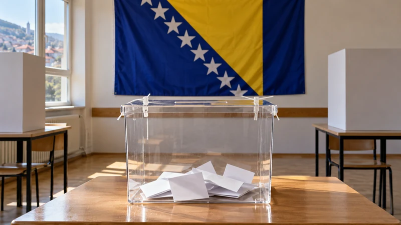 Illustrazione editoriale IA di un’urna elettorale trasparente e della bandiera della Bosnia ed Erzegovina; scena contestuale non documentaria.