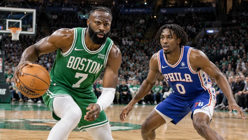 Illustrazione editoriale IA con divise Boston Celtics e Philadelphia 76ers durante una fase di gioco.