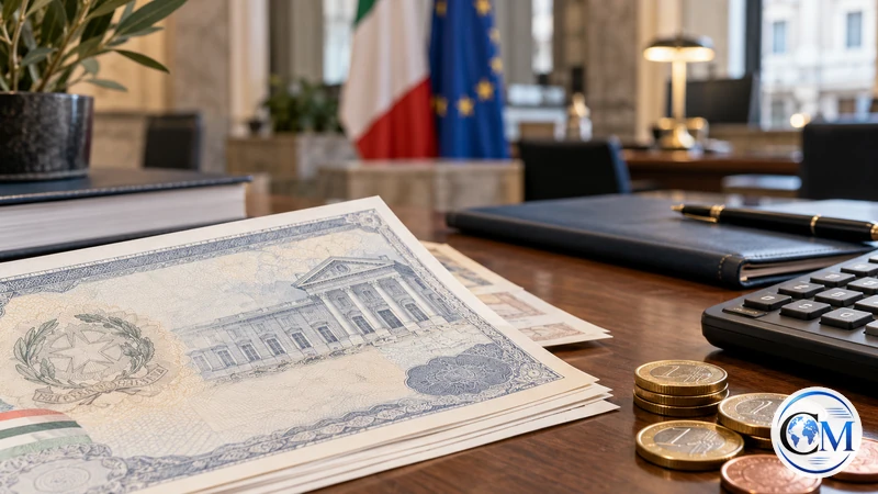 Illustrazione IA concettuale di titoli di Stato, monete e calcolatrice su una scrivania; non riproduce un documento reale.