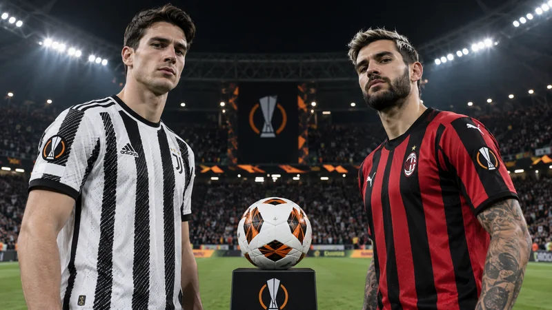 Illustrazione editoriale IA di calciatori di Milan e Bournemouth in uno stadio europeo; scena non documentaria.
