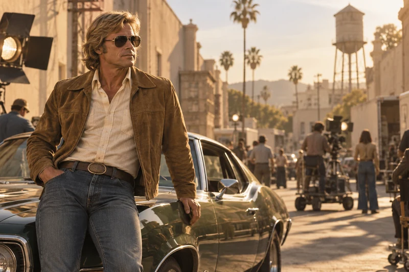 Illustrazione editoriale generata con IA: stuntman biondo con occhiali da sole accanto a un’auto su un set cinematografico della Hollywood del 1977; non è una fotografia documentaria.