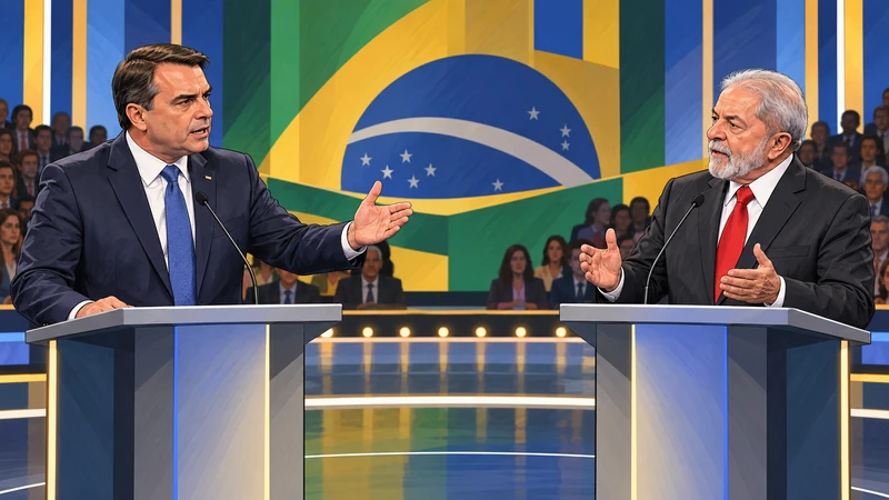 Illustrazione editoriale IA di Flávio Bolsonaro e Luiz Inácio Lula da Silva su un palco di dibattito televisivo brasiliano.