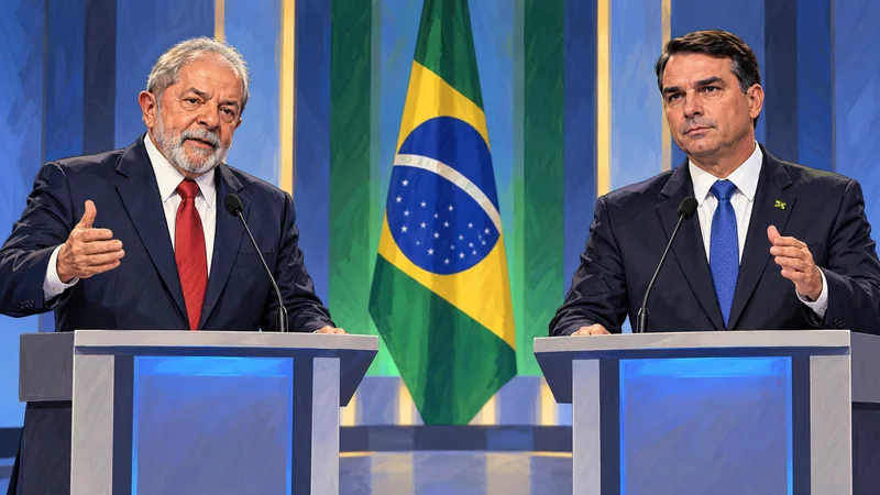 Illustrazione editoriale IA con Lula e Flávio Bolsonaro su un palco elettorale neutrale; scena non documentaria.