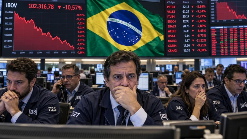 Illustrazione editoriale IA di operatori della Borsa brasiliana durante il forte ribasso successivo alle elezioni; scena non documentaria.