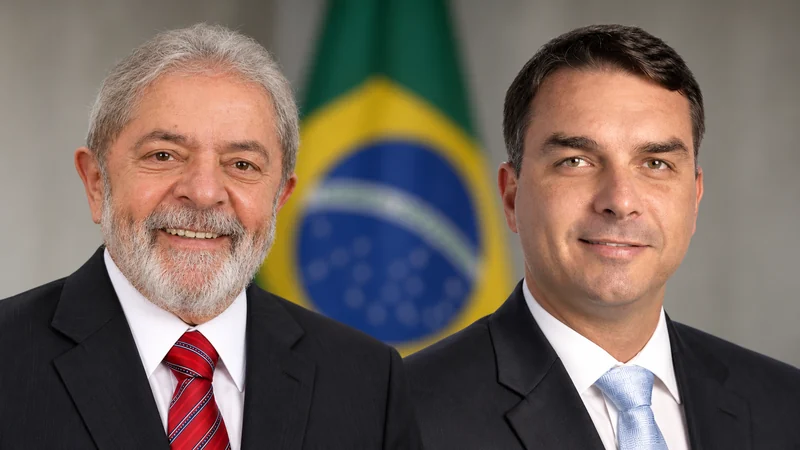 Ritratti editoriali IA di Lula e Flávio Bolsonaro con bandiera brasiliana: composizione illustrativa, non fotografia di un incontro.