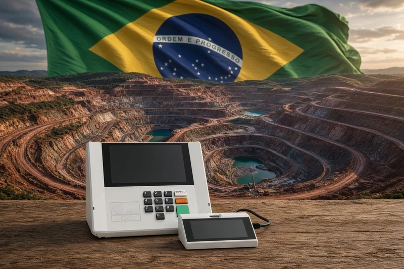 Urna elettronica brasiliana in primo piano e miniera di terre rare con bandiera del Brasile; illustrazione editoriale IA non documentaria.