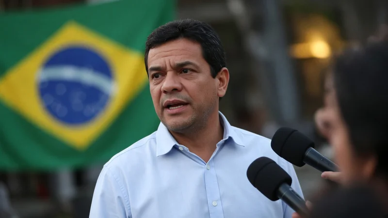 Illustrazione editoriale IA di un candidato brasiliano che parla ai media con bandiera del Brasile.