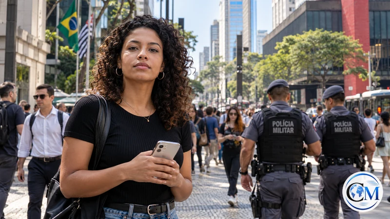 Scena editoriale IA di una cittadina con telefono in una strada di San Paolo; non documenta un reato reale.