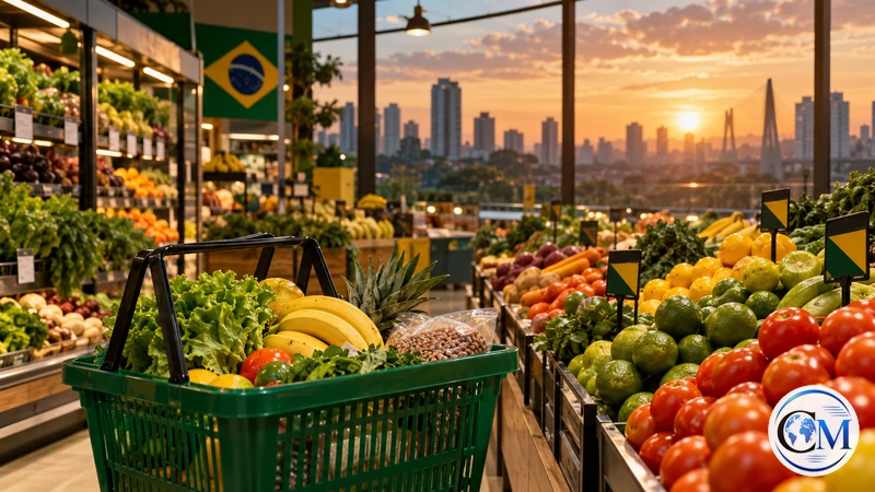 Illustrazione editoriale IA di un supermercato brasiliano e di un paniere alimentare; non documenta un punto vendita specifico.