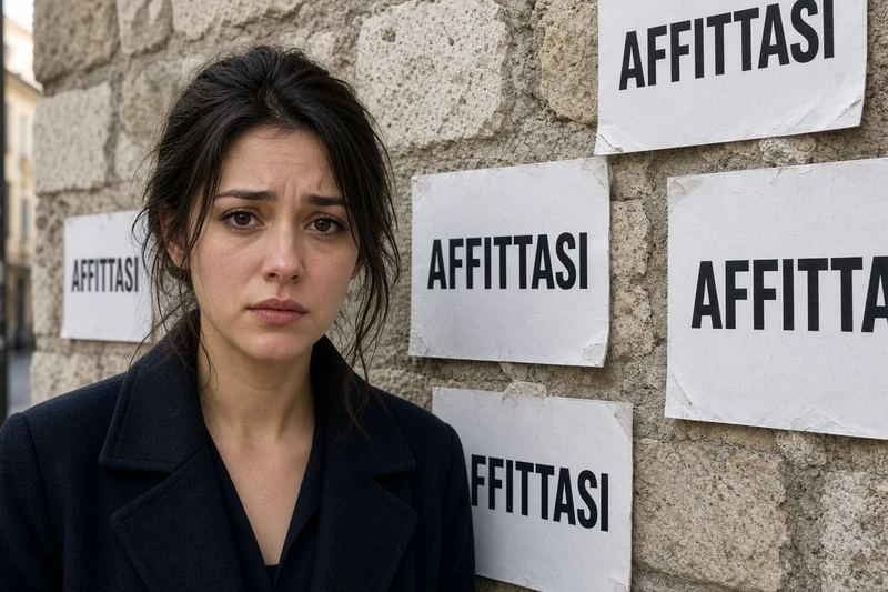 Illustrazione editoriale IA di una giovane donna di fronte a cartelli AFFITTASI a Brescia; non è una fotografia documentaria.