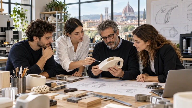 Illustrazione editoriale IA di progettisti di una PMI italiana mentre esaminano un prototipo e disegni tecnici; scena non documentaria.