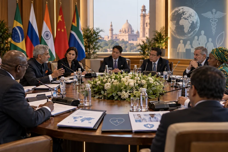 Illustrazione editoriale generata con IA di una riunione diplomatica internazionale a New Delhi dedicata alla cooperazione sanitaria; non è una fotografia documentaria.
