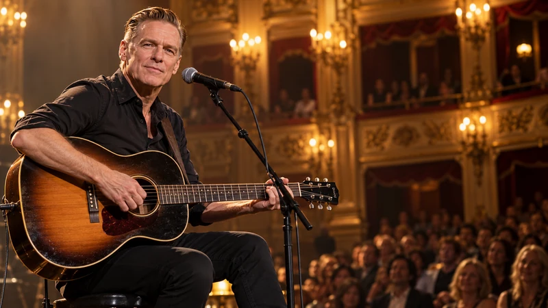 Illustrazione editoriale IA di Bryan Adams durante un concerto acustico in un teatro italiano; scena non documentaria.