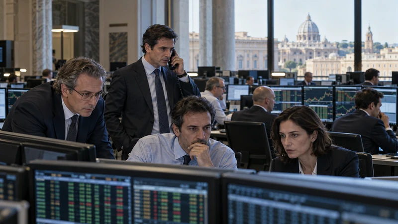 Postazione finanziaria dedicata al mercato dei titoli di Stato italiani; immagine editoriale generata con IA.