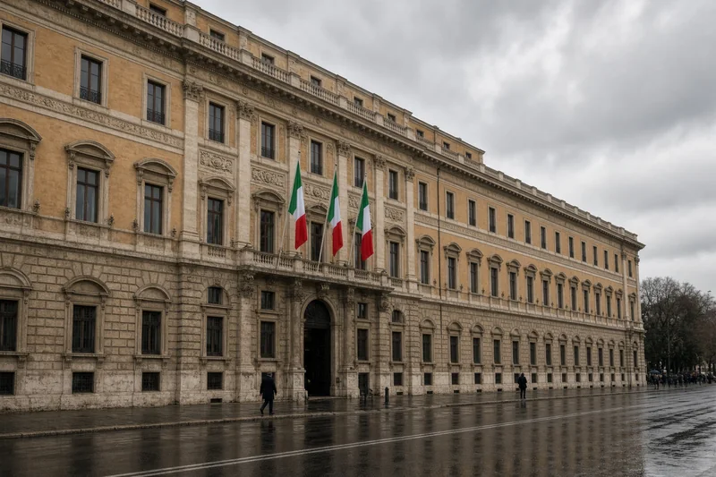 Illustrazione editoriale generata con IA: facciata del palazzo del ministero dell’Economia a Roma, bandiere italiane, pomeriggio nuvoloso; non è una fotografia documentaria.