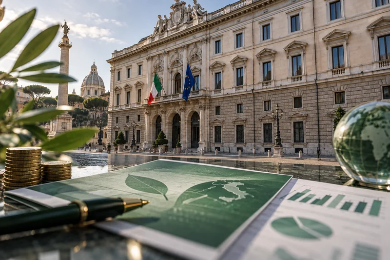 Illustrazione editoriale IA del Ministero dell’Economia con documenti finanziari verdi relativi al BTP Green; scena non documentaria.